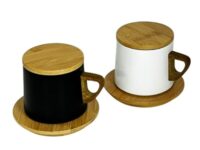 Stainless Steel Vacuum Tea & Coffee Mug with Wooden Lid and Saucer