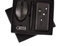 Powerbank combo gift set with 10000mAh powerbank, wireless mouse, 32GB pendrive and stylus pen in black box